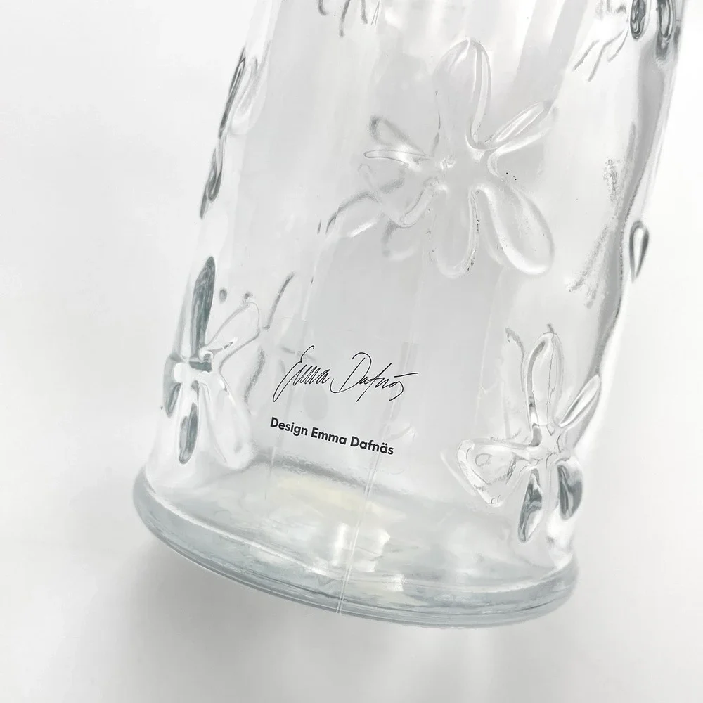 Vintage‎ IKEA Emma Dafnäs Embossed Glass Daisy Bottle Vase Clear Floral Flowers
